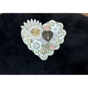 Vintage Signed Hallmark Button Heart Broach Collage Pearl Tone Pin